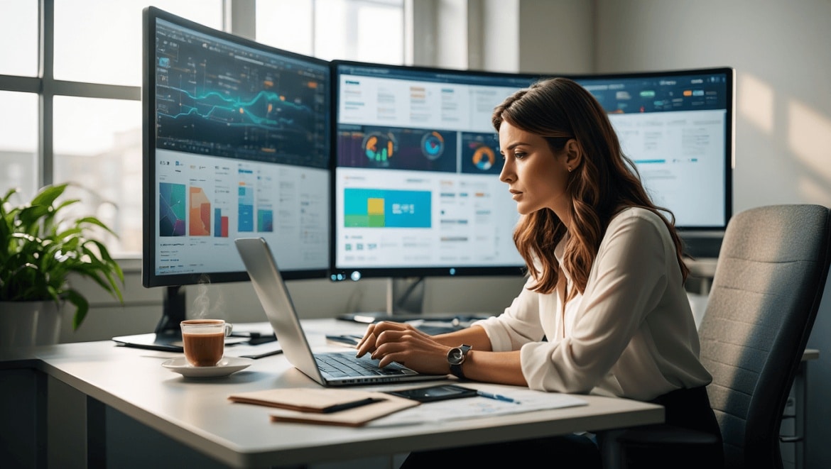 Jeune entrepreneur qui court avec un ordinateur portable sur fond rose, symbolisant l’usage des outils web indispensables en 2026 pour développer son activité.