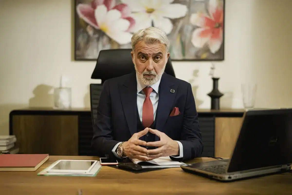 Un manager assis à son bureau dans un environnement de travail, symbolisant les dynamiques de pouvoir et de supervision.