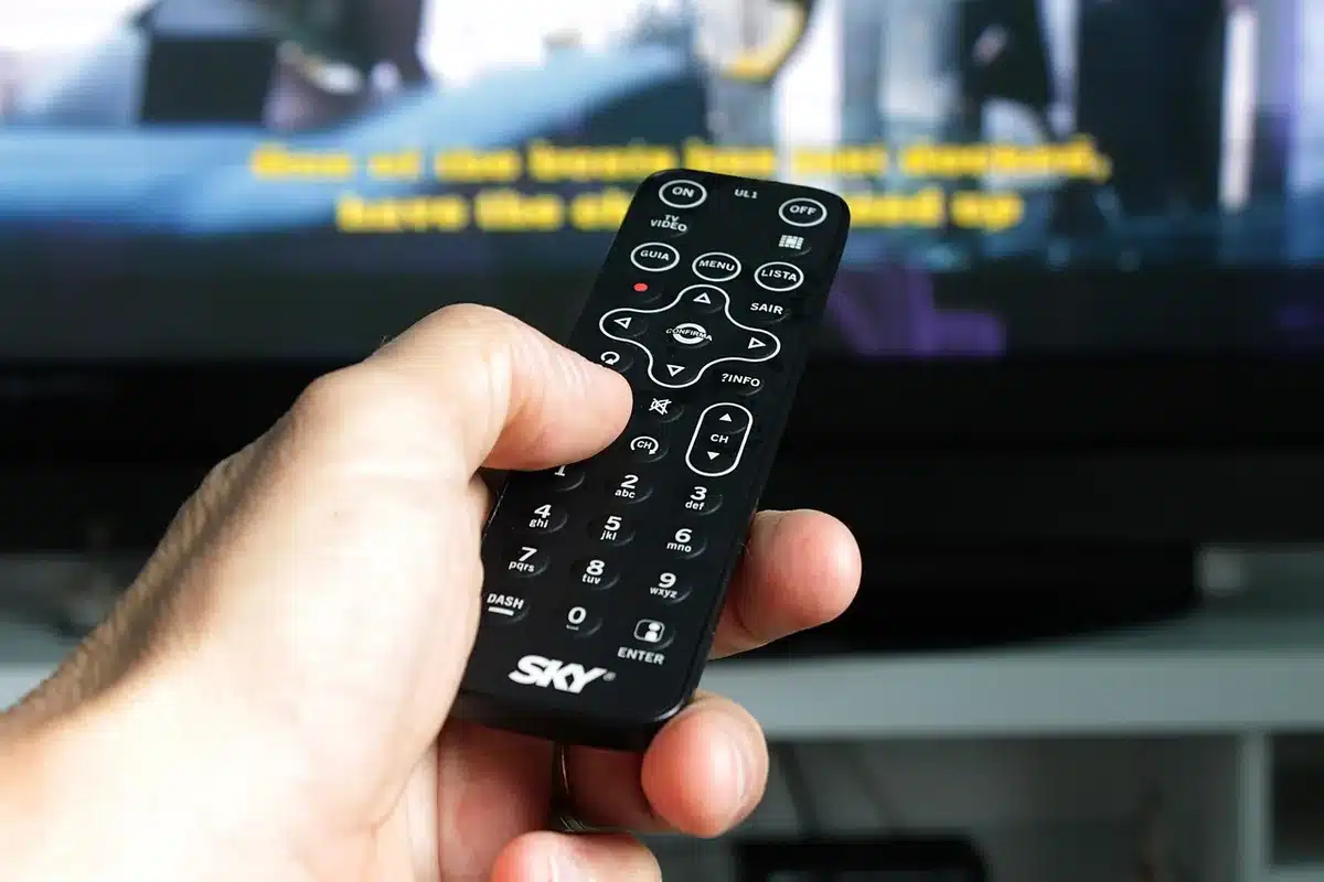 Mains tenant une télécommande devant un téléviseur dans un salon en journée