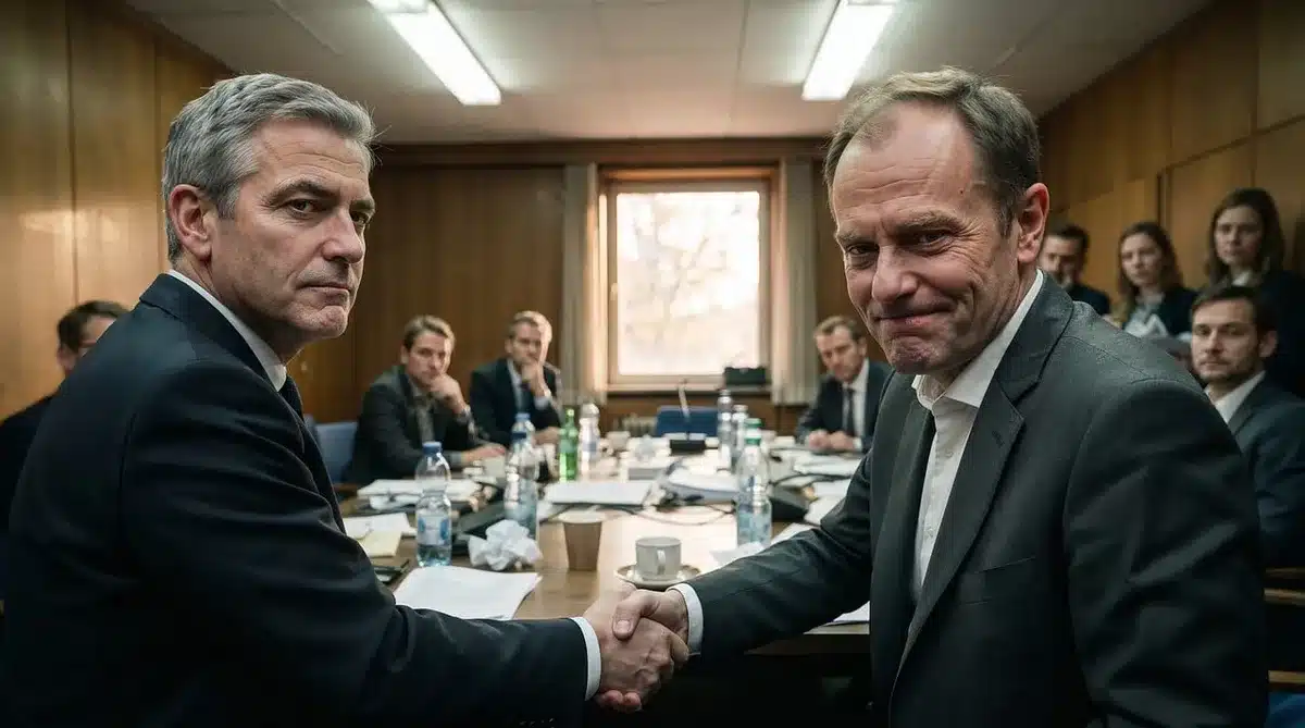 Deux personnes en discussion constructive, médiateur facilitant l'échange.