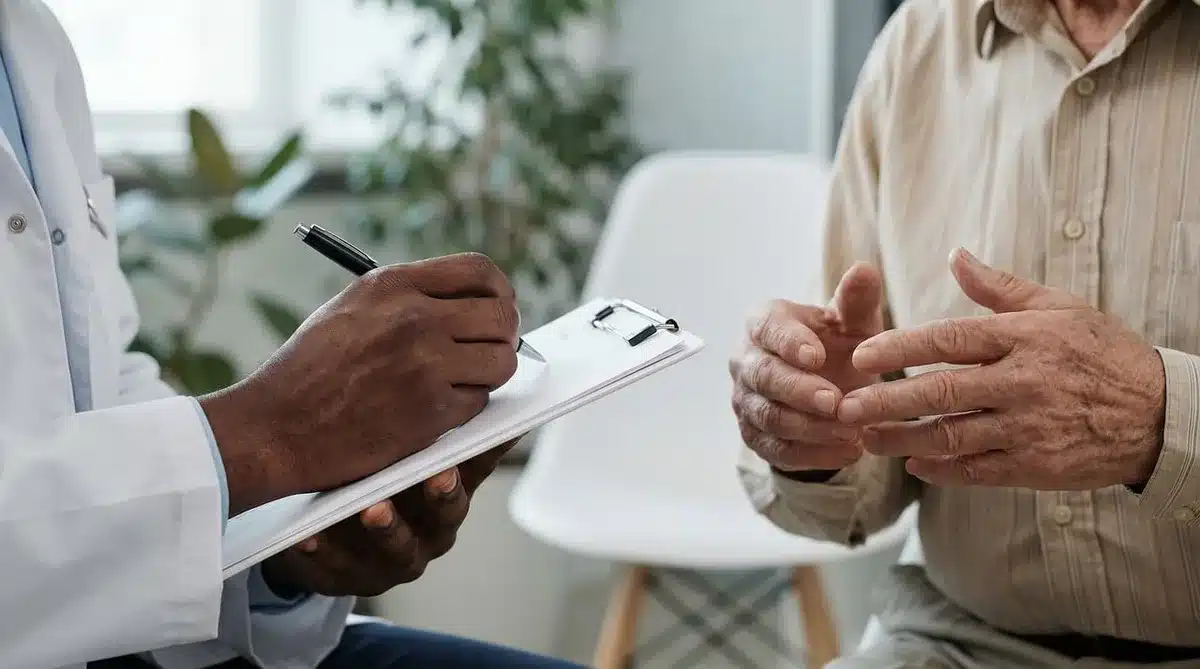 Salle de consultation médicale lumineuse avec médecin et siège vide