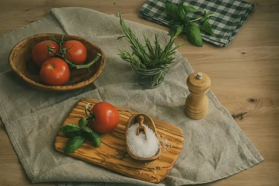 Table de cuisine en plein jour avec documents juridiques et mains feuilletant des papiers