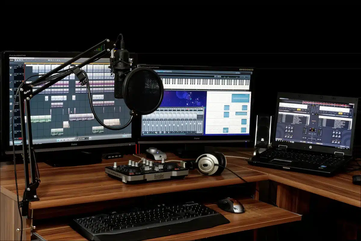 Microphone de podcast dans un studio lumineux, prêt à l'enregistrement