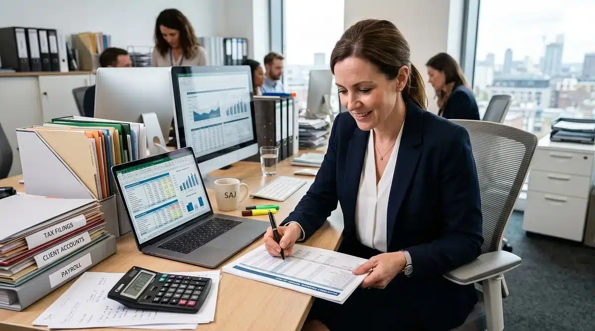 Personne classant des documents et cochant une checklist sur un bureau lumineux